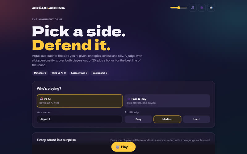 Argue Arena start screen: Pick a side. Defend it.