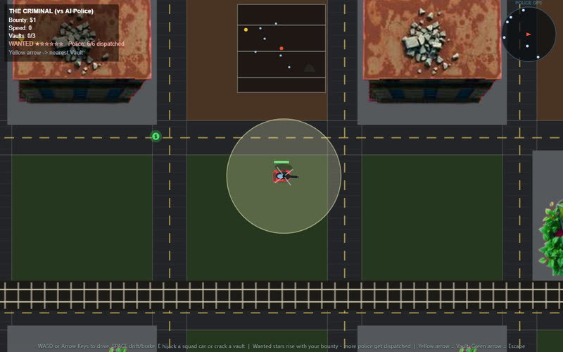 Top-down city streets with a getaway car under a helicopter spotlight
