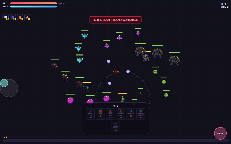 A hero surrounded by monsters, towers and a boss in a dark arena