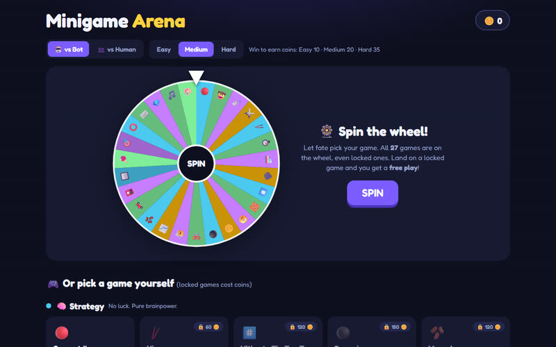Minigame Arena home screen with a colorful spin wheel