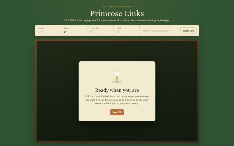 Primrose Links scorecard and first-hole card on green felt