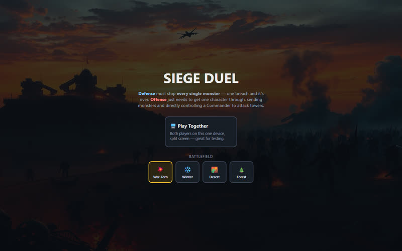 Siege Duel title over a burning battlefield at dusk