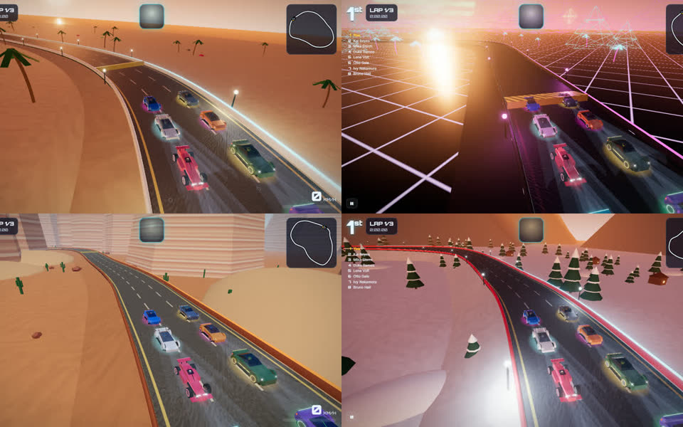 Kart racers on a palm beach, a neon grid, a canyon and a snowy gorge